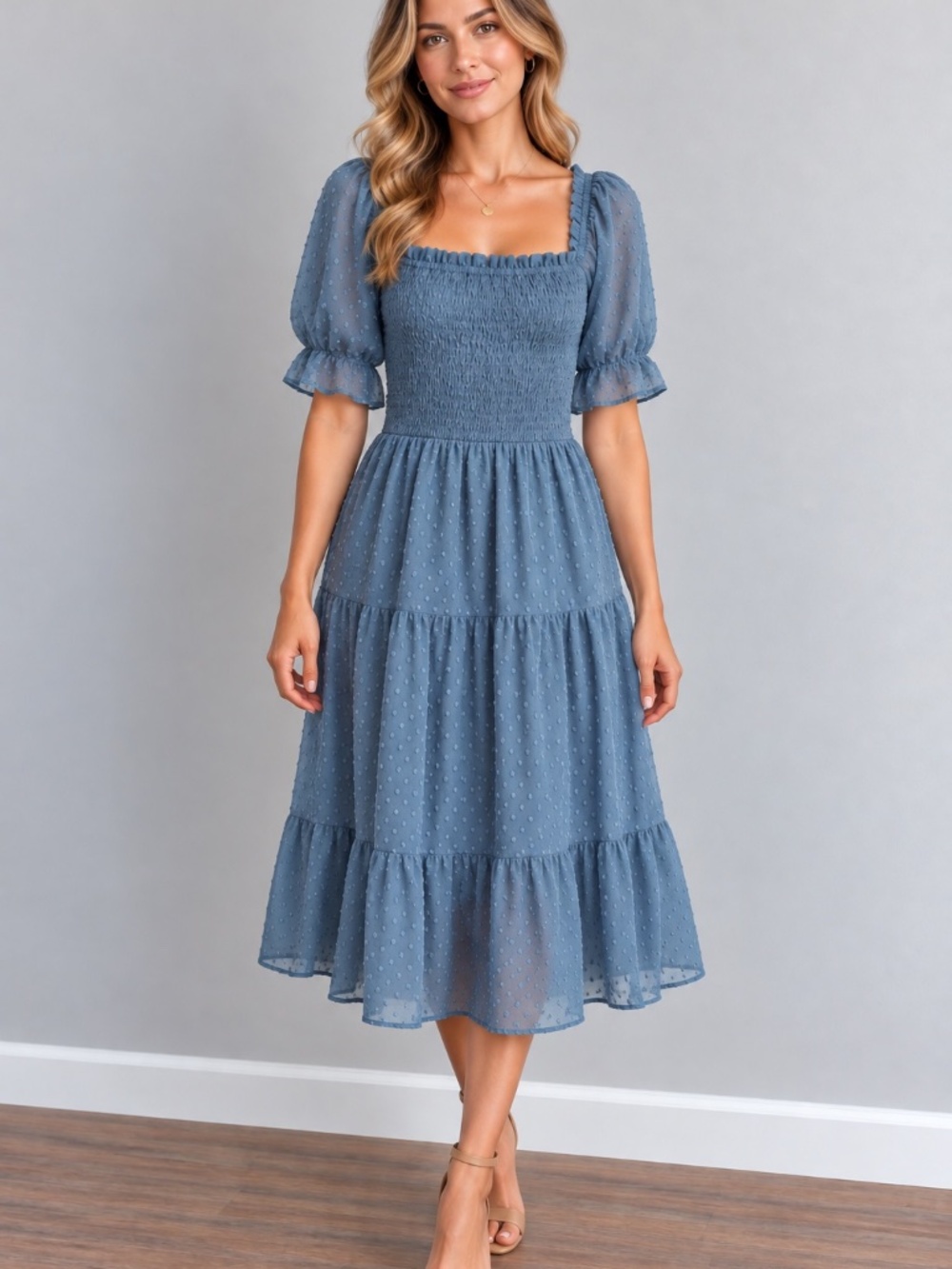 MEROKEETY BOHO Blue Swiss Dot Smocked Square Neck Midi Dress Size Medium